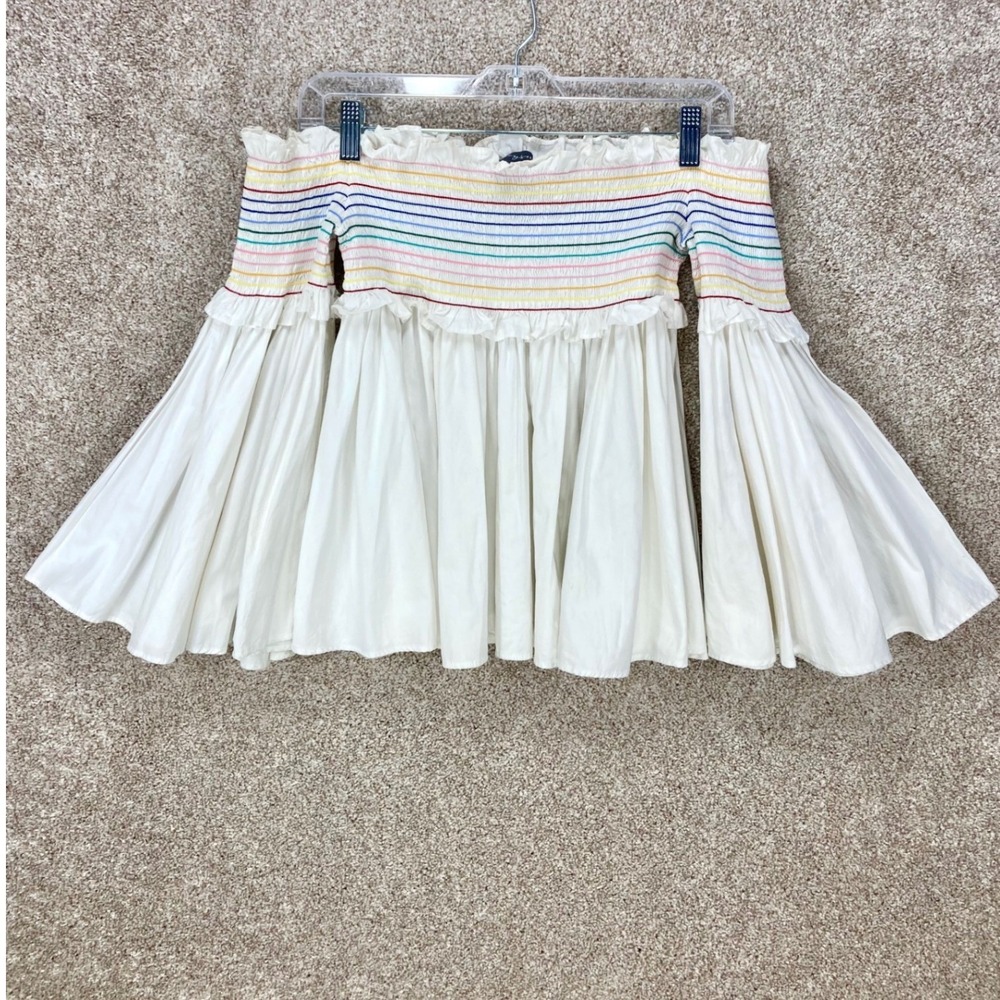 Greyson Rainbow Smocked Bell Sleeve Top Womens XS White Off the Shoulder Summer